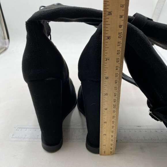 Black Women Round Toe Knee High Boots Sexy Wedge High Heel Lace up Riding Boots - Picture 4 of 7